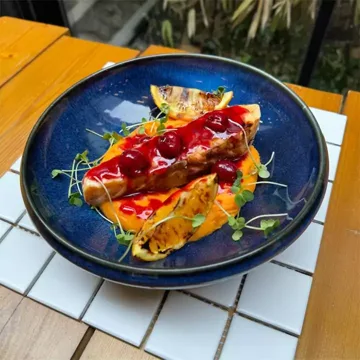 Salmon Steak, Sweet Potato Puree , Cherries